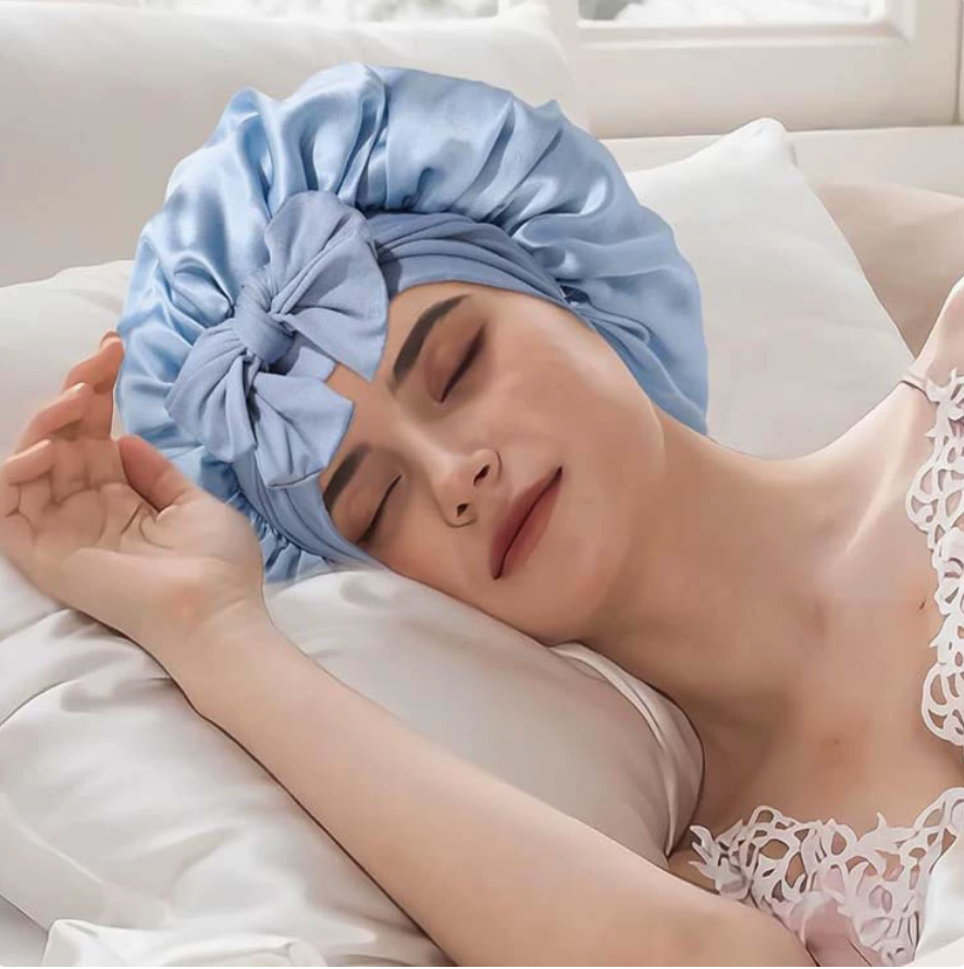 100% Silk Bonnet with Comfort Elastic Band and silk scrunchie